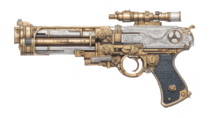 A beautifully designed steampunk-inspired pistol featuring intricate engravings. brass and silver elements. and a mounted scope. set against a minimalistic background highlighting its craftsmanship