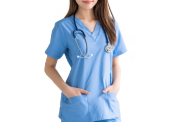 A healthcare professional in a blue scrub uniform stands confidently. showcasing a stethoscope around her neck. with a clean. minimalist background emphasizing her readiness for patient care