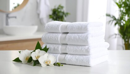 Fresh White Towels  Orchids in a Luxurious Bathroom with Spa, and Clean  Relaxing.