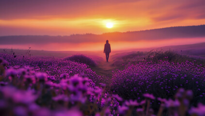 A lone figure walks through a vibrant field of purple flowers in the foreground, while a warm golden sunrise illuminates the misty meadows and landscape in the background.