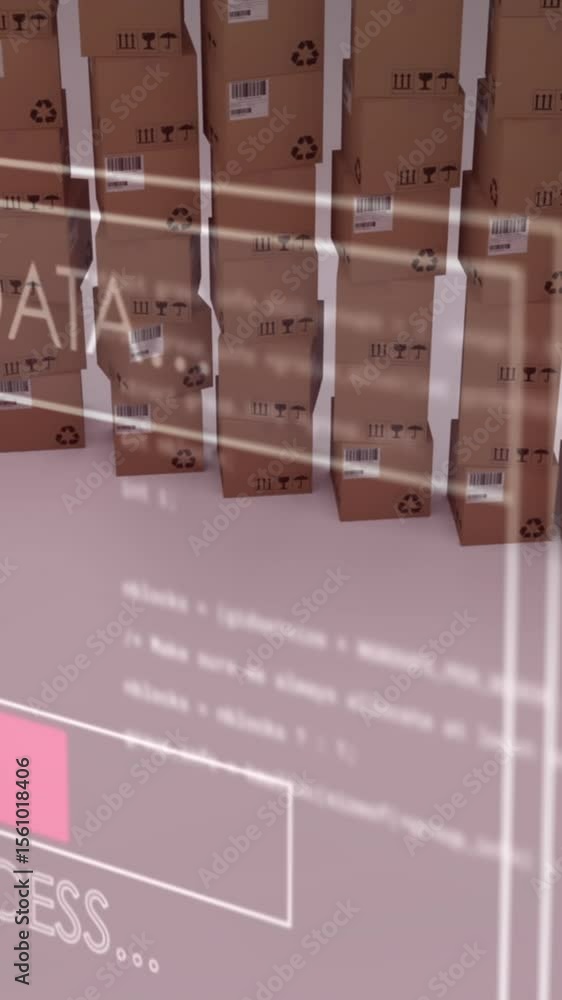 Poster animation of data processing over stack of cardboard boxes