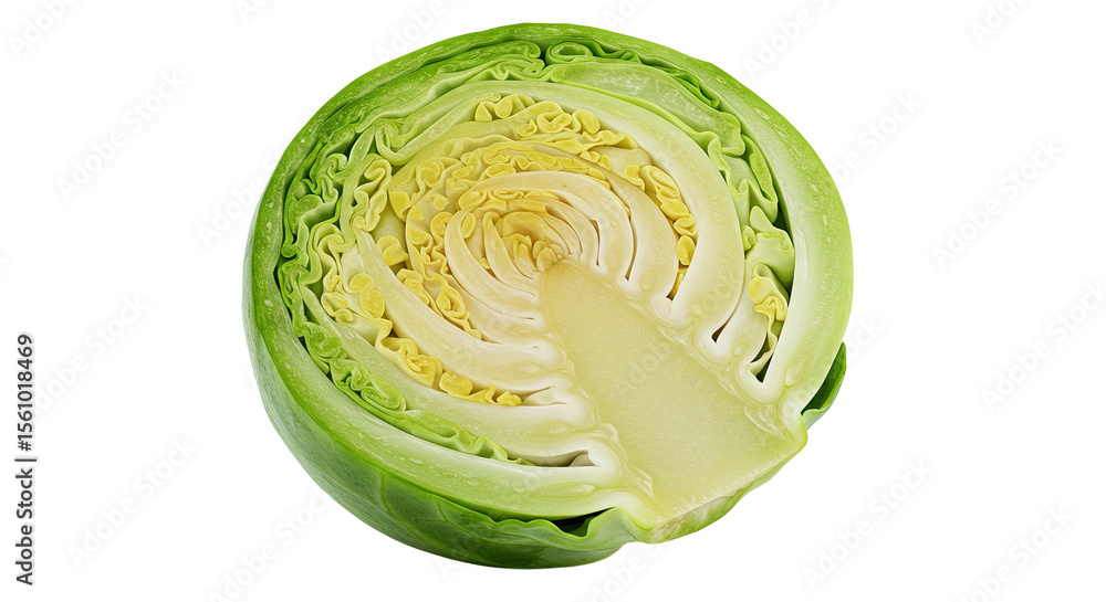 Poster Halved green cabbage displaying its inner layers and natural texture