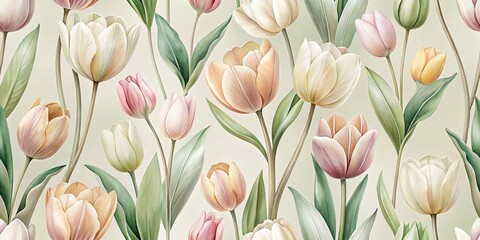 Obraz premium A Delicate Arrangement of Pastel Tulips in a Seamless Botanical Print Featuring Soft Hues and Lush Greenery
