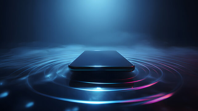 Tech Oasis: A smartphone elegantly rests, with a mesmerizing display of blue light and water rings. The smartphone's screen is the center of attraction with the dreamy atmosphere.  - Powered by Adobe