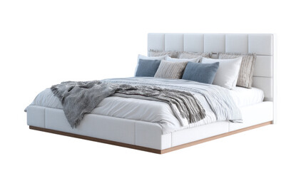 Fototapeta premium A modern. stylish white bed with plush pillows and a cozy blanket. set against a clean. minimalist background. perfect for interior design inspiration and home decor ideas