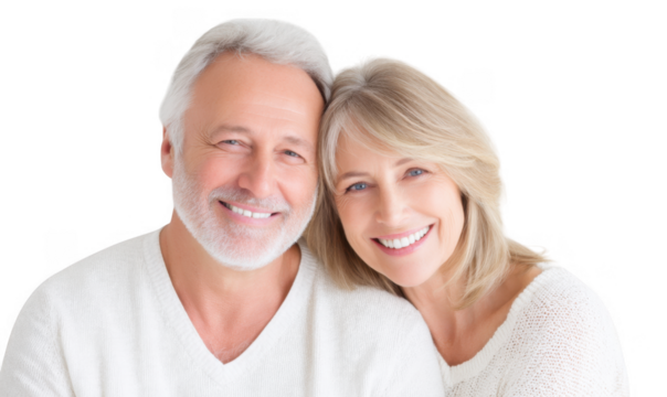 A joyful senior couple smiling warmly at the camera. showcasing their love and connection. set against a soft. neutral background. perfect for themes of aging gracefully and companionship