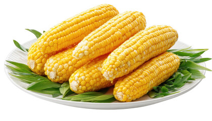 Freshly harvested corn cobs arranged neatly on a white plate. surrounded by green leaves. showcasing vibrant yellow kernels. ideal for culinary presentations or food-related content