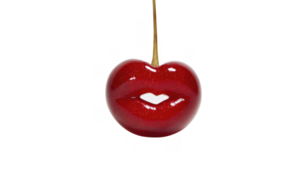 A glossy red cherry shaped like lips. suspended by a slender stem against a plain white background. symbolizing love and sweetness. ideal for food. beauty. or romantic-themed projects