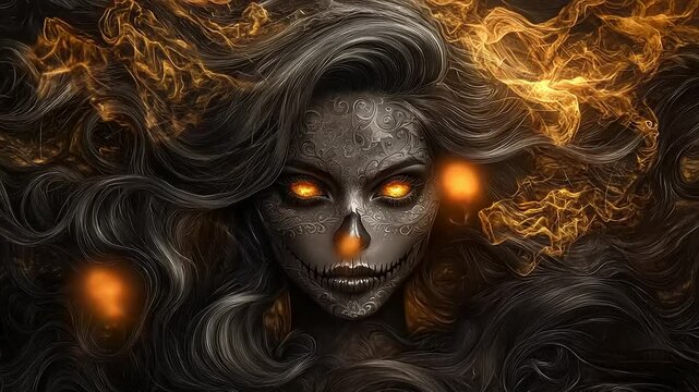 Female figure with ornate skull makeup and flowing hair