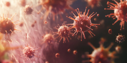 Microscopic View of Viruses, Close-up of Viral Particles Under Microscope, Red and Pink Virus Cells in 3D Rendering
