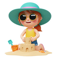 Cute cartoon girl building a sandcastle on the beach wearing a sun hat and sunglasses isolated on transparent background