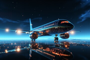 Fototapeta premium Low Poly Wireframe Airplane Flying in the Dark Blue Sky.