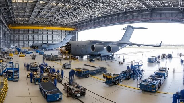 Aircraft Maintenance: Time-Lapse of C-17 Globemaster Servicing in Hangar