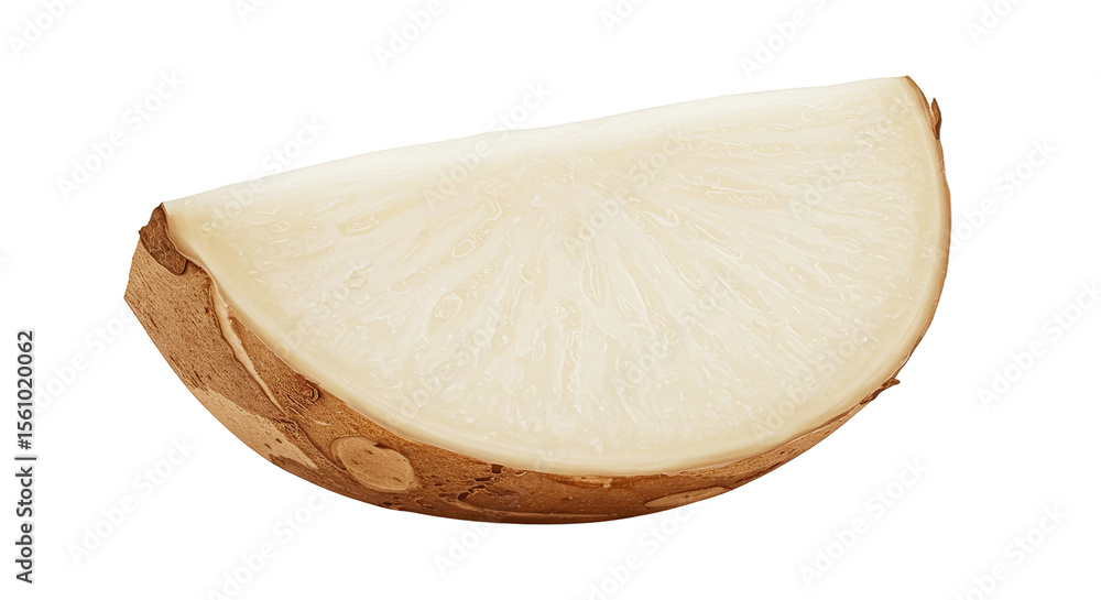 Poster slice of raw jicama with light color and textured brown skin pattern