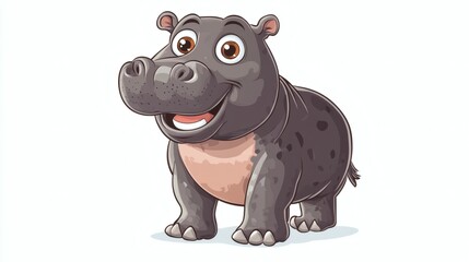 Fototapeta premium A Smiling Cartoon Hippopotamus Stands on a White Isolated Background