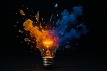 Exploding incandescent light bulb with streams of orange and blue energy against a dark background