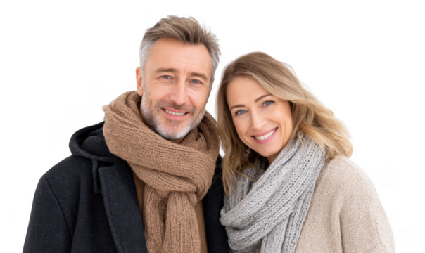 A cheerful couple dressed in warm winter scarves. smiling at the camera against a plain white background. conveying warmth and connection. ideal for seasonal promotions or relationship themes