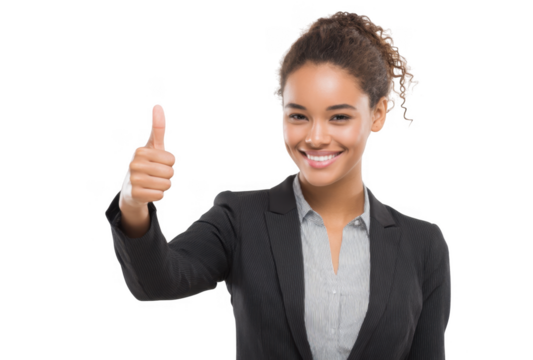 A confident young woman in a business suit giving a thumbs-up gesture. smiling at the camera. set against a clean white background. conveying positivity and professionalism
