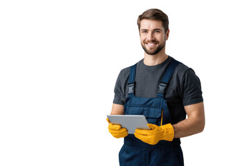 A smiling male worker wearing yellow gloves and a dark blue overall holds a tablet in front of a black background. showcasing modern technology in a professional setting