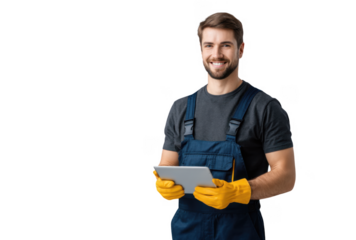 A smiling male worker wearing yellow gloves and a dark blue overall holds a tablet in front of a black background. showcasing modern technology in a professional setting