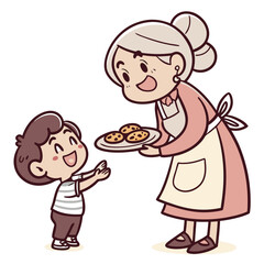 Grandma shares cookies with happy child plate sharing