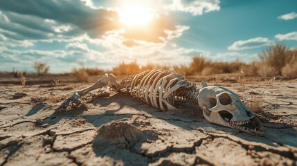 A skeletal animal carcass lying on cracked soil, 