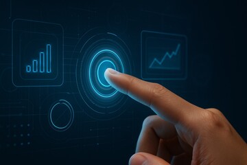 Human finger touching glowing blue circular interface with data graphs