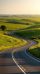Scenic Winding Asphalt Road Curving Through Green Hills Under Sunny Sky