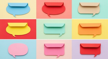 Collection of Speech Bubbles and Message Icons on Colorful Backgrounds Representing Communication and Ideas