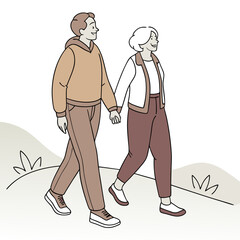 Couple walking hand in hand outdoors park