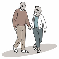Elderly couple walking hand in hand happy smiling