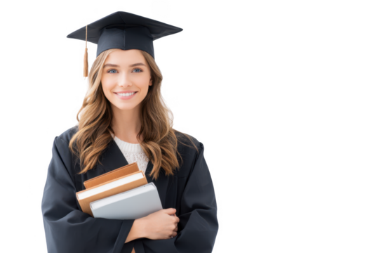 A joyful graduate in a black cap and gown holding books. smiling confidently. set against a clean white background. symbolizing achievement and educational success