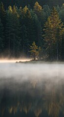 Serene Forest Landscape with Misty Lake and Tall Evergreen Trees at Dawn