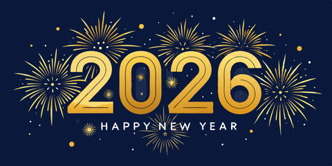 Naklejka premium Golden 2026 happy new year text with fireworks and confetti on dark blue background