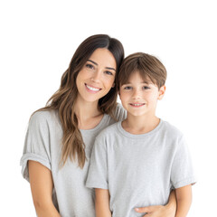 A joyful mother and her young son smiling together in a bright. minimalist studio. conveying warmth and affection. ideal for family-oriented themes in advertising or social media
