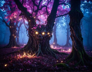 Creepy fantasy plant monsters with glowing eyes - angry tree creatures covered