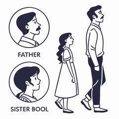 Family figures walking and portraits father mother