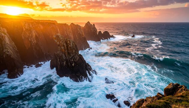Golden Sunset Over Rugged Cliffs and Ocean Waves with Dramatic Coastal Landscape.