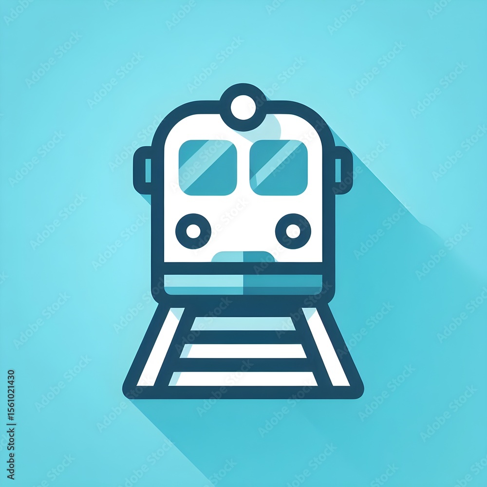 Poster clean train icon with forward-facing engine on soft blue background in flat digital style symbolizin