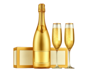 Golden champagne bottle, elegant gift box, and two sparkling wine glasses create luxurious celebration scene, perfect for festive occasions and joyful gatherings