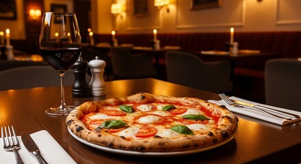 Delicious Margherita Pizza with Red Wine on Restaurant Table