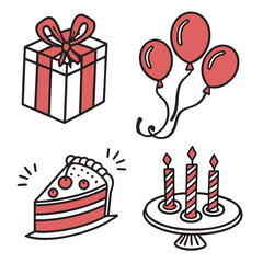 Festive celebration elements gift box balloons cake candles