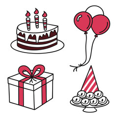 Birthday celebration icons cake gift balloons party hat