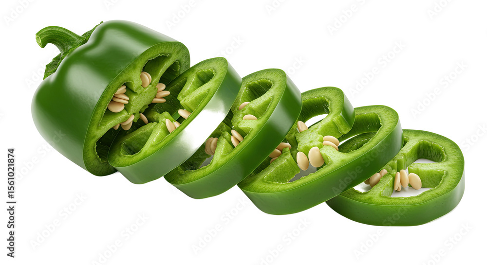 Poster sliced green jalapeno pepper displaying seeds and fresh texture detail