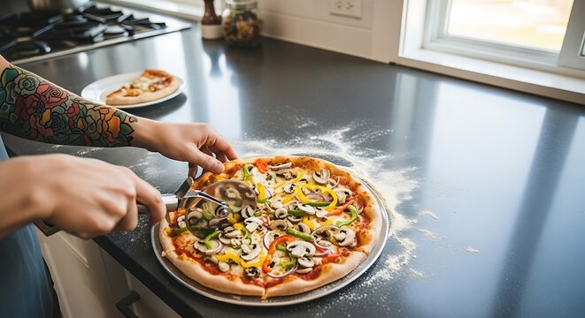 Tattooed Arm Cutting Colorful Vegetable Pizza on Gray Countertop - Powered by Adobe