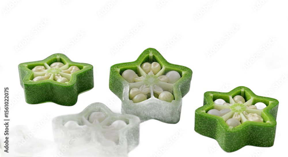 Poster sliced okra pods showcasing seeds and texture against a dark background