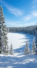 Obraz premium Snowy Winter Forest Landscape with Frosted Trees Under Bright Blue Sky