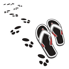 Flip flop footprints on white beach summer