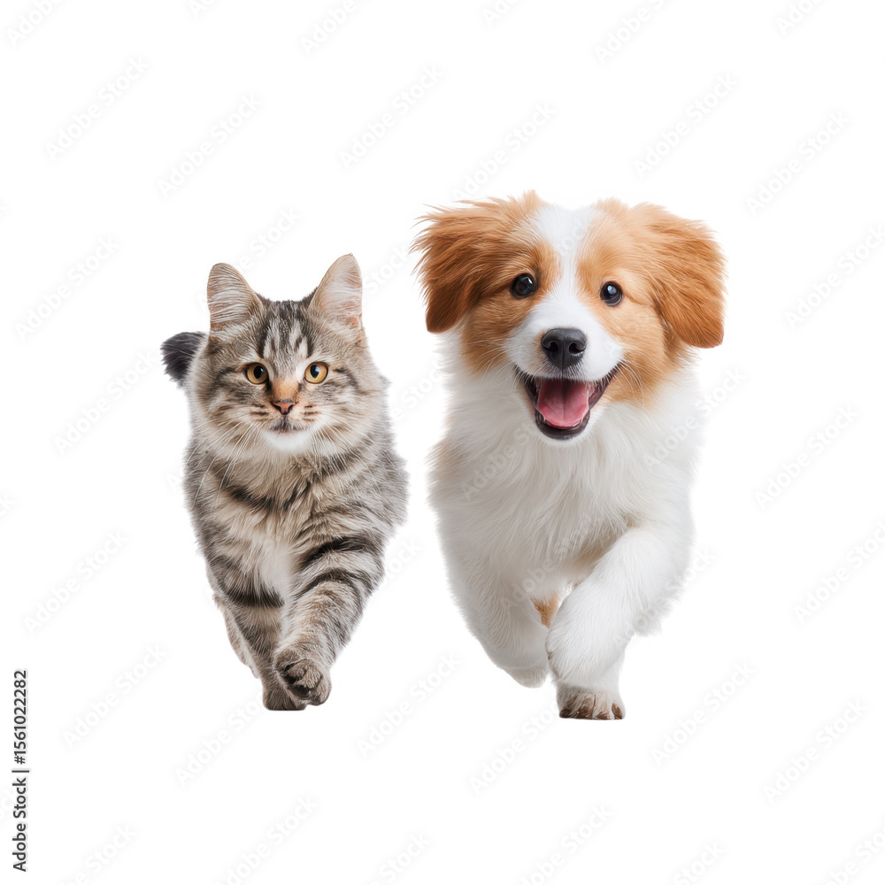 Poster a playful kitten and a cheerful puppy run towards the camera in a bright. white studio setting. show