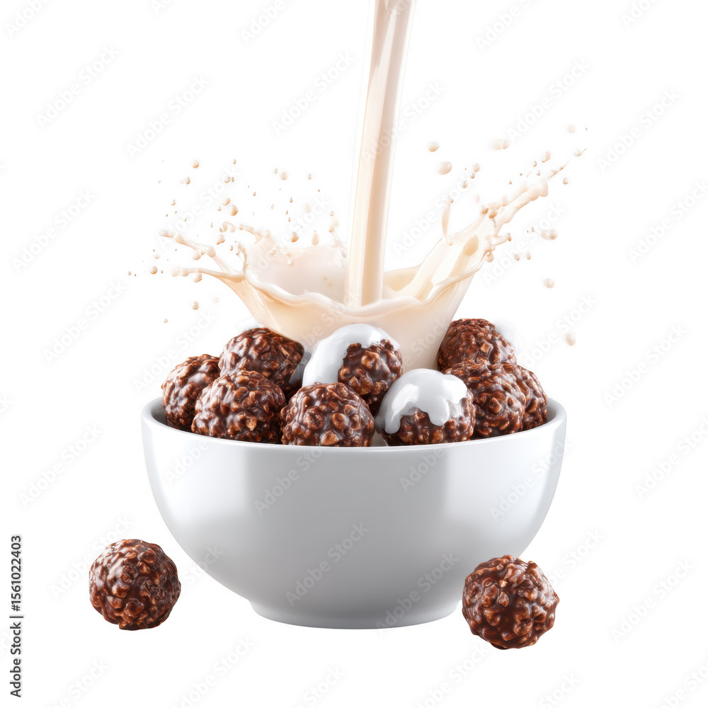 Poster a close-up view of a white bowl filled with chocolate balls. as milk is poured over them. creating a